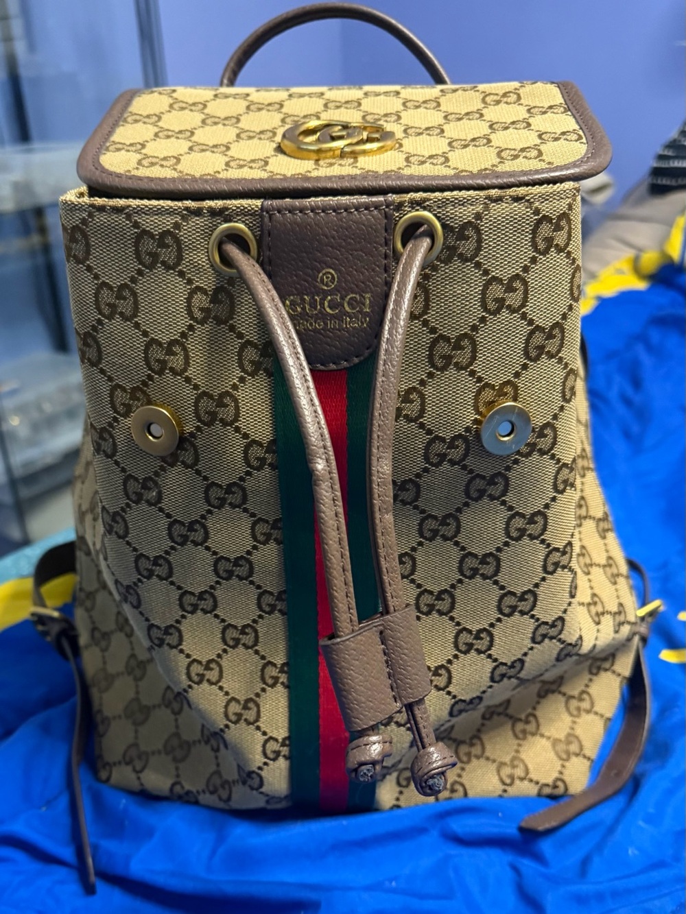Gucci Tan GG Supreme Canvas Backpack with Green-Red Web and Brown Trim